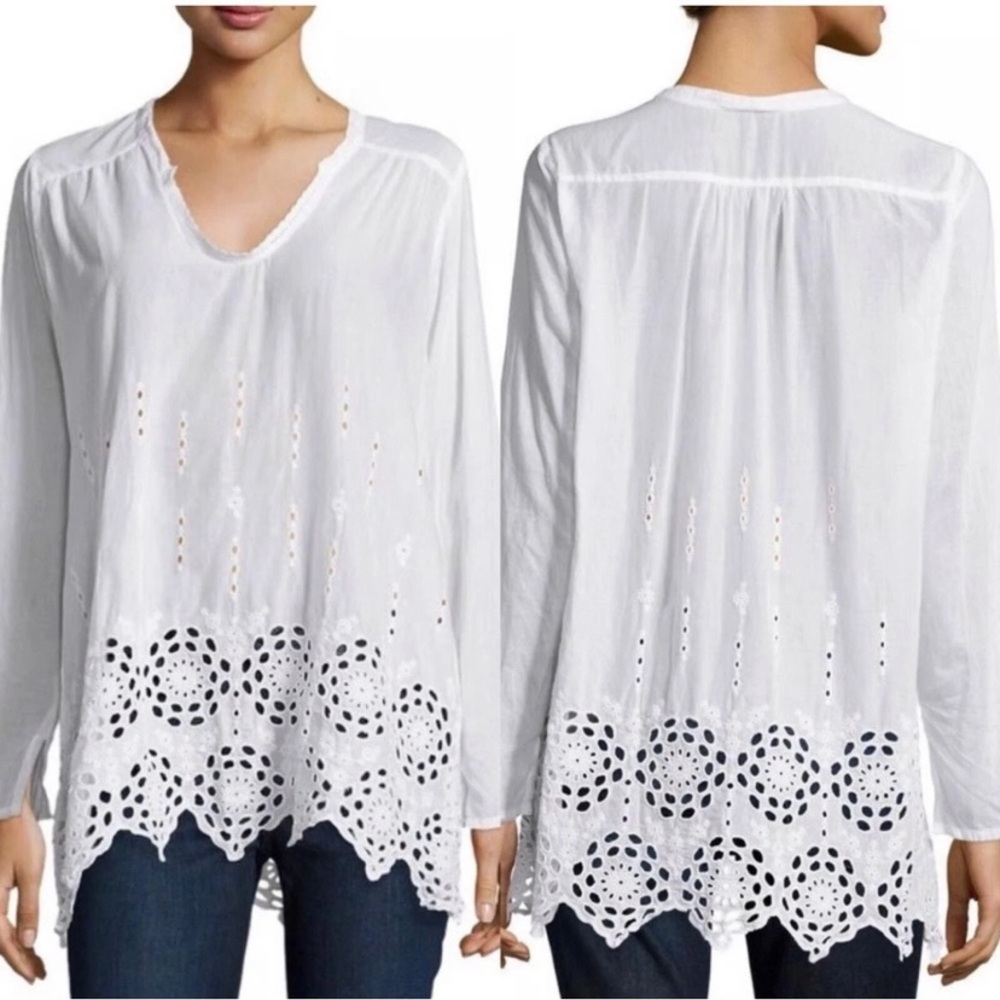 Johnny Was Eyelet V-Neck Long Sleeve Top